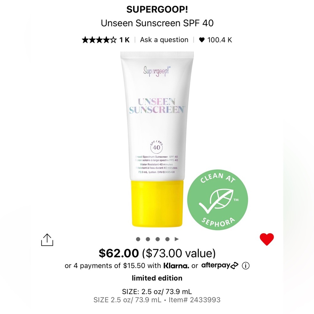 NEW Supergoop Unseen Sunscreen SPF 40 VALUE SIZE NEW
